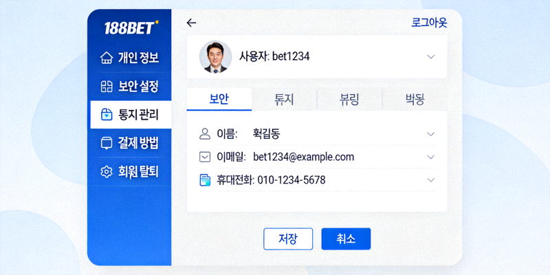188BET 내 계정 설정 메인 페이지 화면 예시